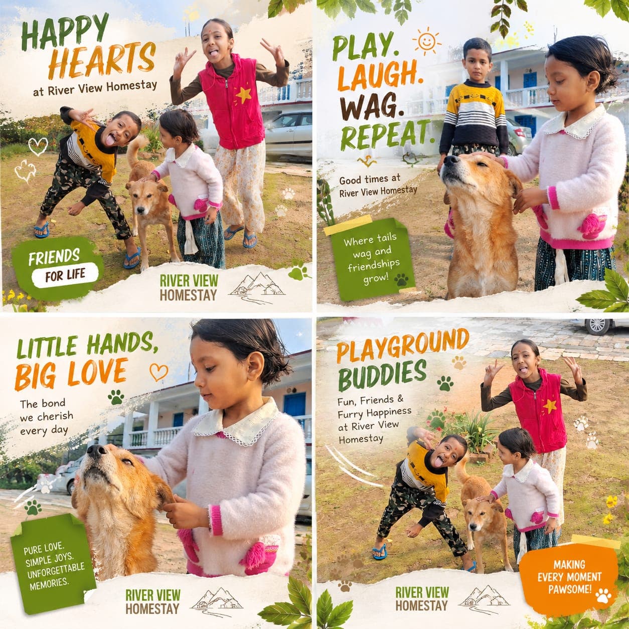 Kids playing with dogs at the homestay