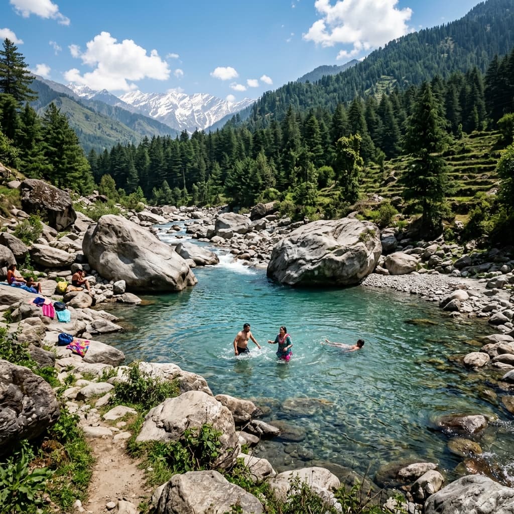 Crystal clear river pool in Uttarakhand mountains